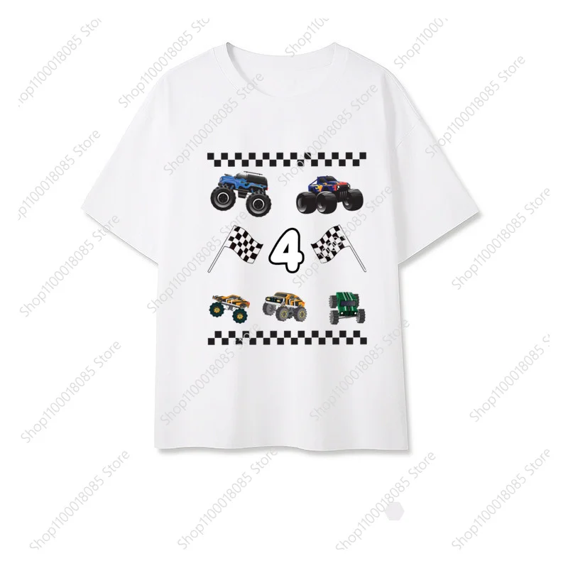 1-9 Kids Race Cars Printed Birthday T-shirt Birthday Top Boys and Girls Truck Theme Party Short Sleeved Shirt