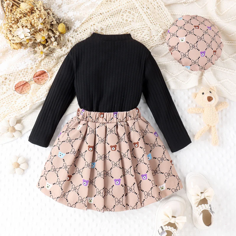 4-7Y Autumn Children Girls Outfits Long Sleeve Ribbed Heart Print Cartoon Bear Tops+Pleated Skirt+Beret Kids Clothes 3Pcs Set