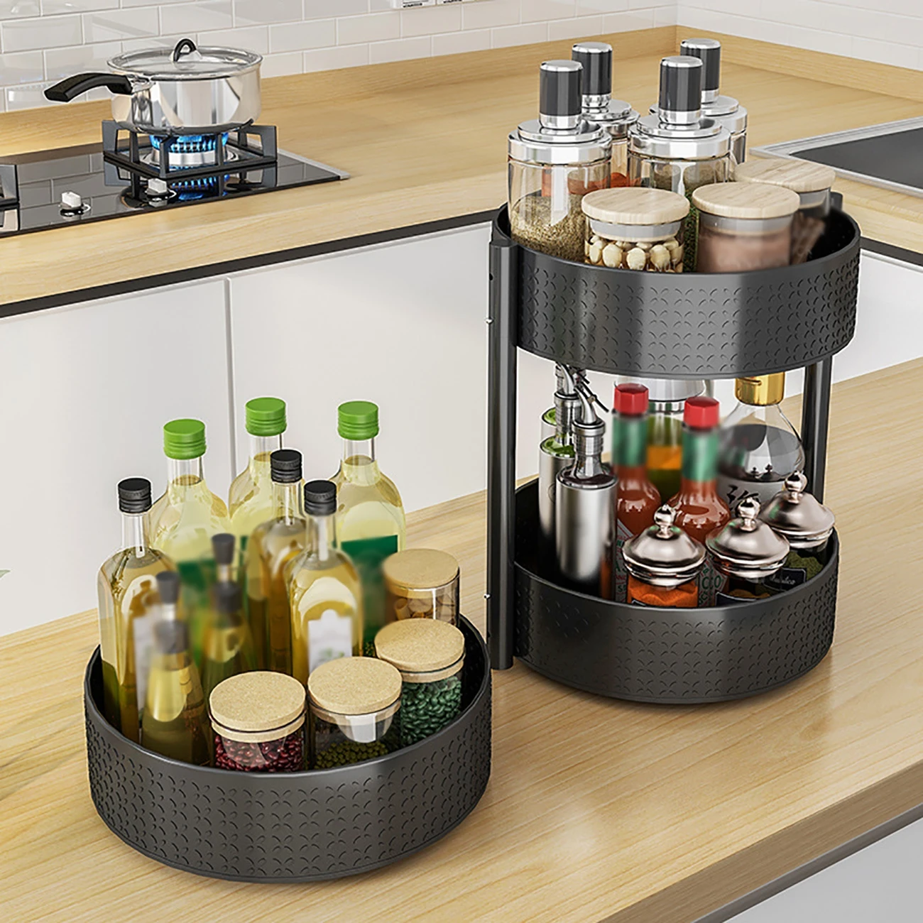 1/3 Layers 360°Rotating Spice Rack Kitchen Seasoning Organizer Turntable Spice Organizer Rack Countertop Storage Container Tray