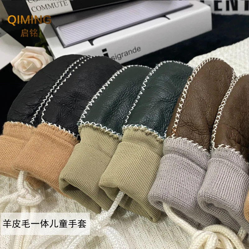 Winter Outdoor Girl Mittens Boys Kids Real Sheep Fur Gloves Warm Wool Gloves Children\'s Sheepskin Leather Plush Guantes Mitten