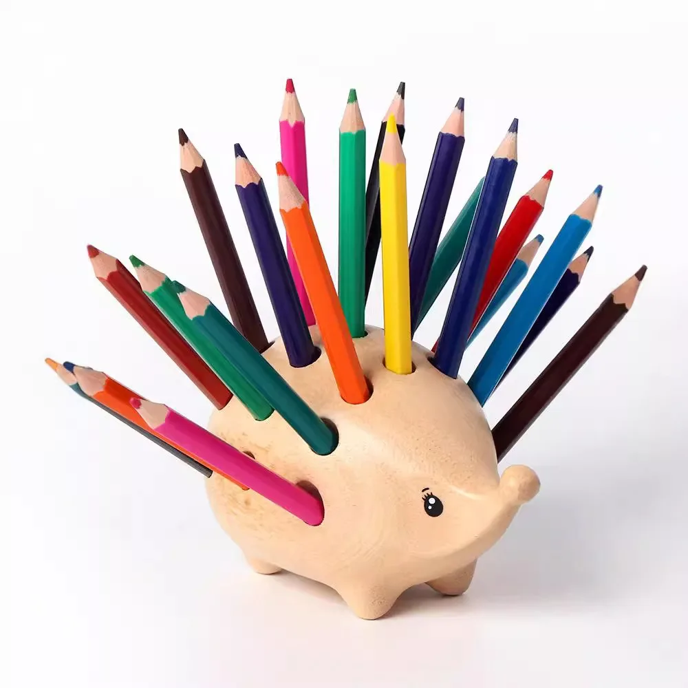 Creative Hedgehog Pen Holder Wooden Art Smooth Surface Pencil Stand Set with 24pcs Colored Pencils 21 Holes Pen Container