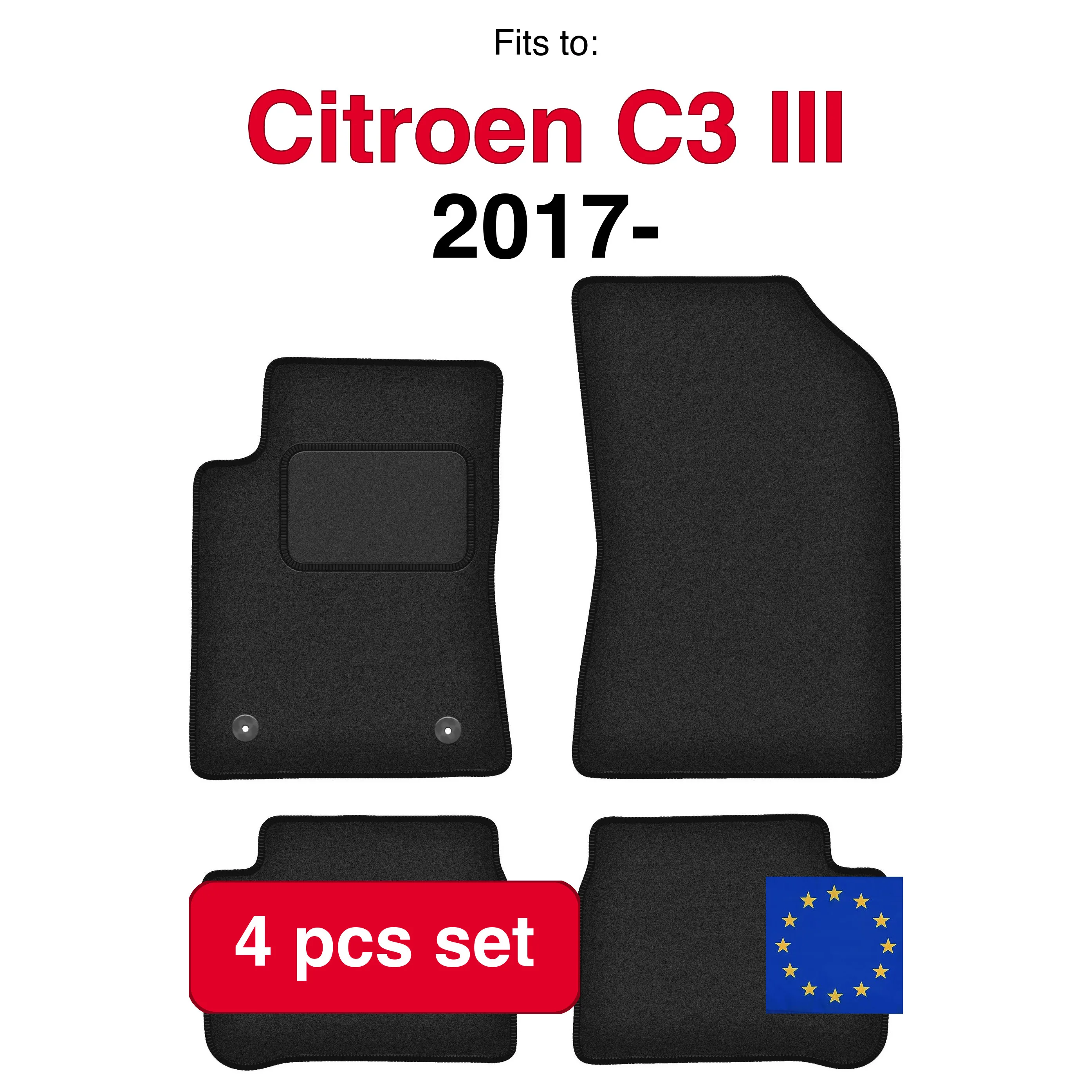 Auto velour matten voor Citroen C3 III hatchback (2017-) -Zwart (4 stuks) in de auto passende automattenset