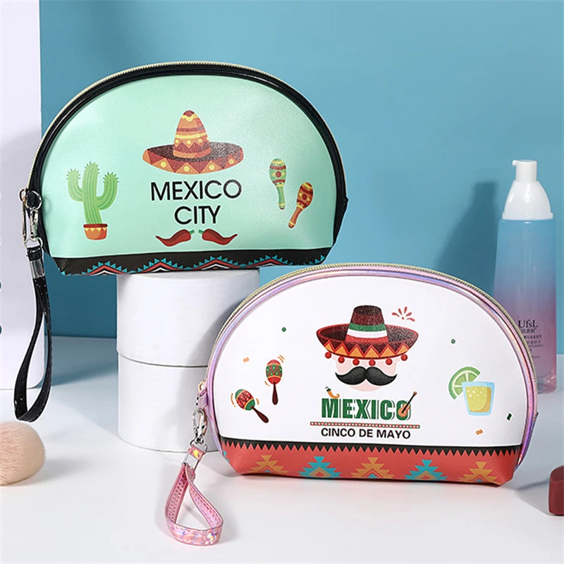 Mexican Style PU Cosmetic Bag Fashion Color Printing Cartoon English Printed Portable Semi-Round Toiletry Bag European Style