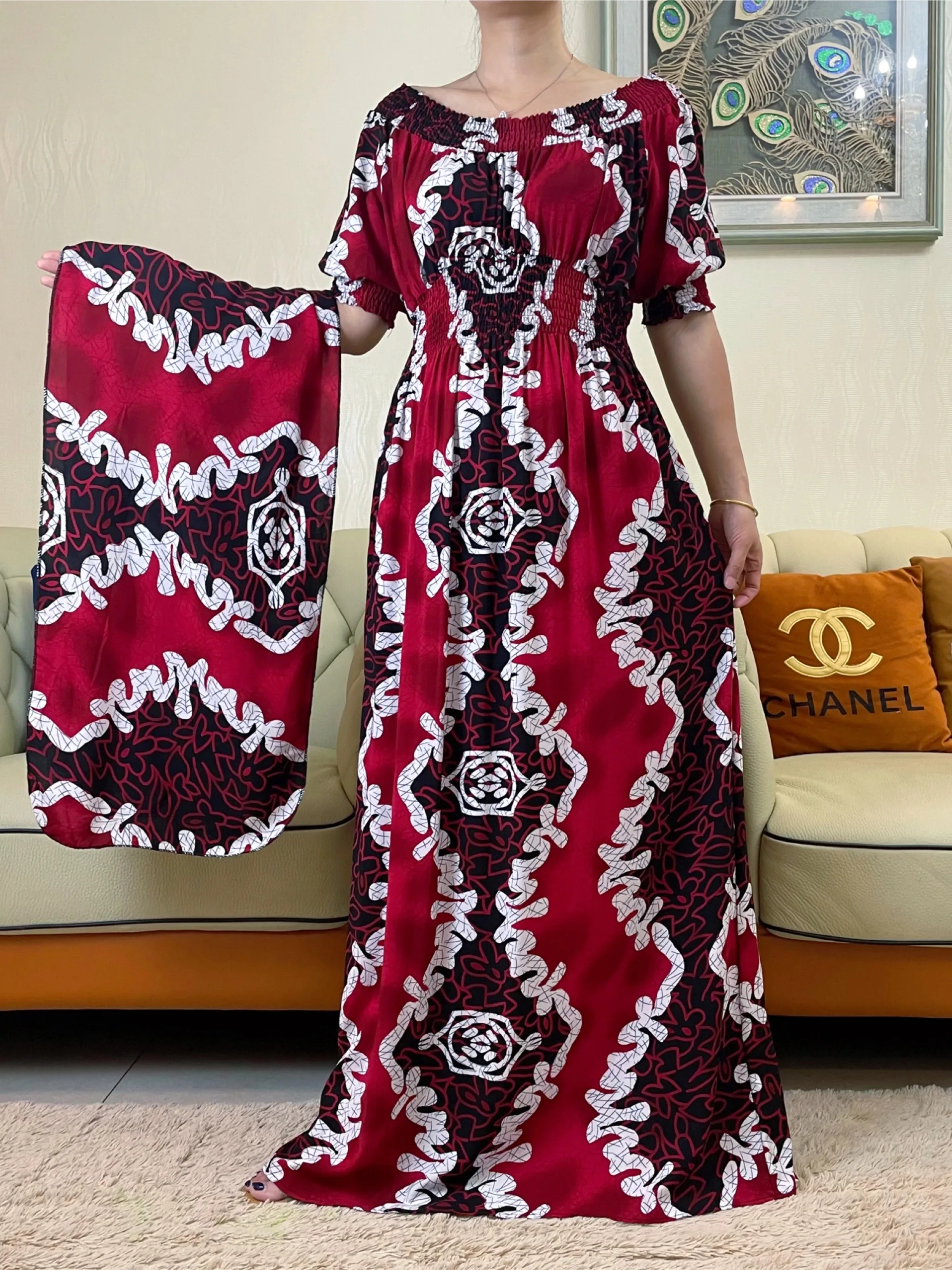 2023New African Women Dashiki Cotton Floral Dress Printing Summer Short Sleeve Collect Waist Straight Loose Islam  Women Abaya