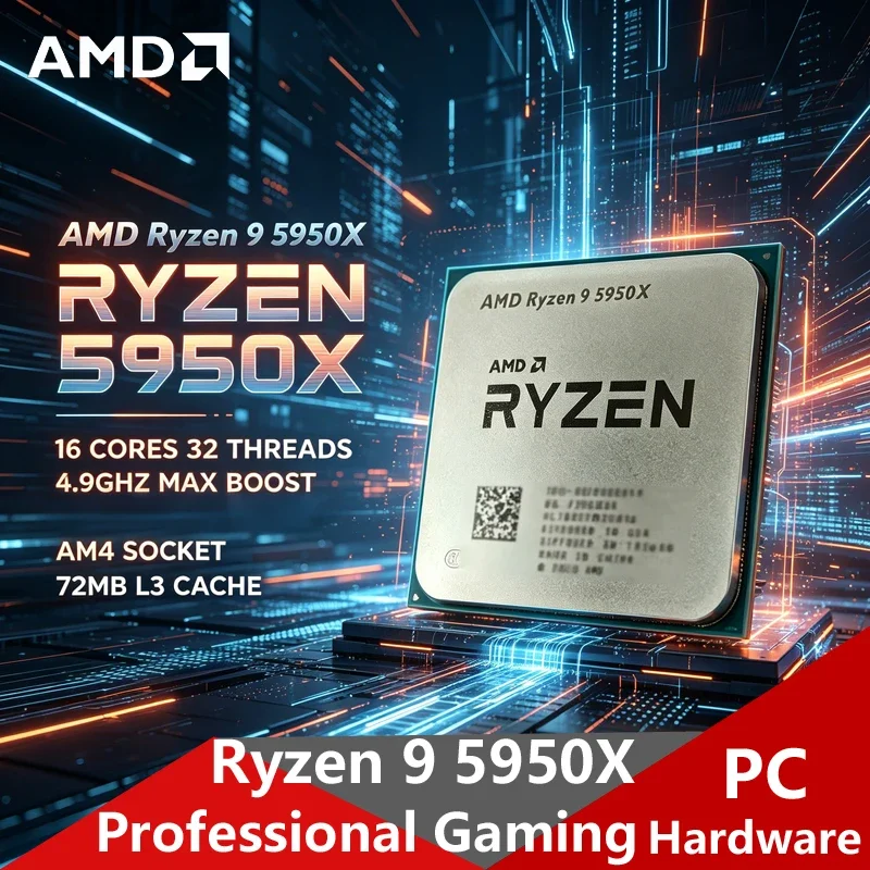 

AMD Ryzen 9 5950X Zen3 AM4 Gaming CPU, 16 Core 32 Thread, 4.9GHz Boost 72MB Cache 105W Tray Chip No Cooler For Desktop Builds