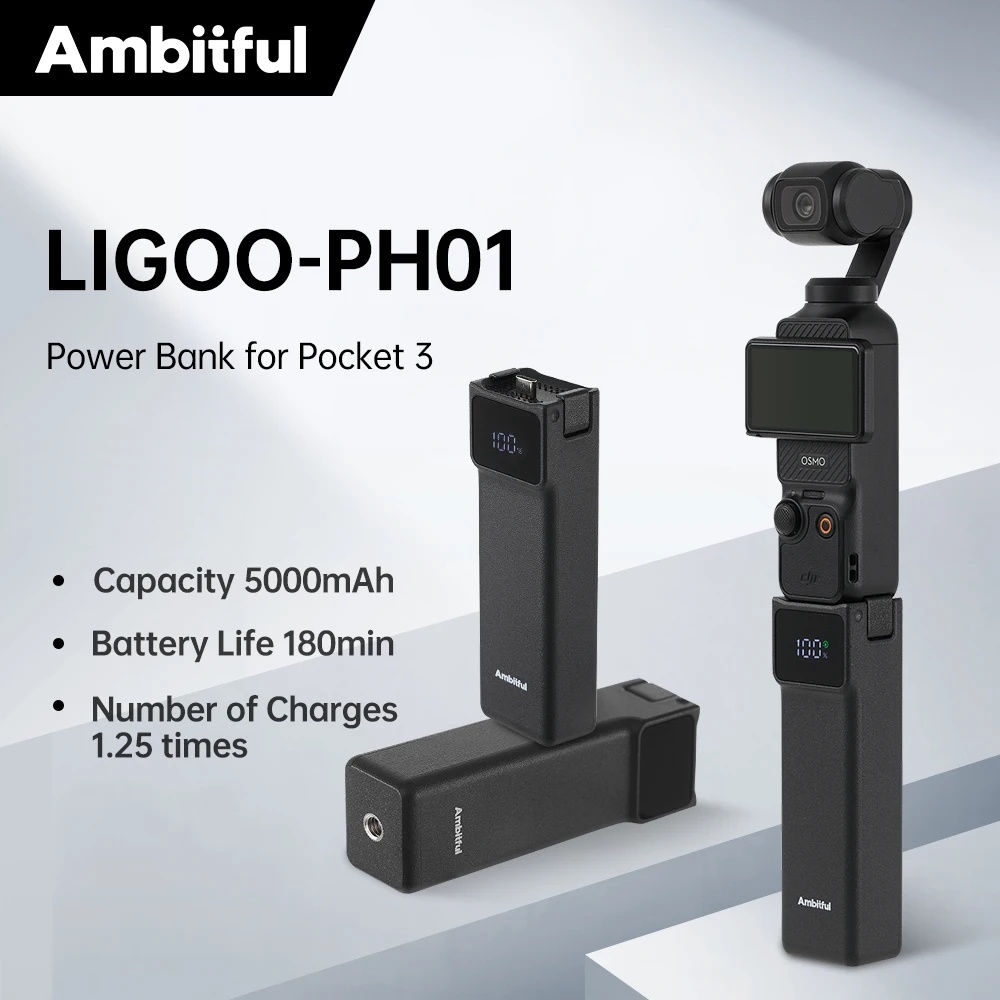

AMBITFUL LIGOO-PH01 18W Power Bank Kit с быстрой зарядкой 5000 мАч, Type-C, с дополнительной батареей на 1/4 дюйма для DJI Osmo Pocket 3 PK3