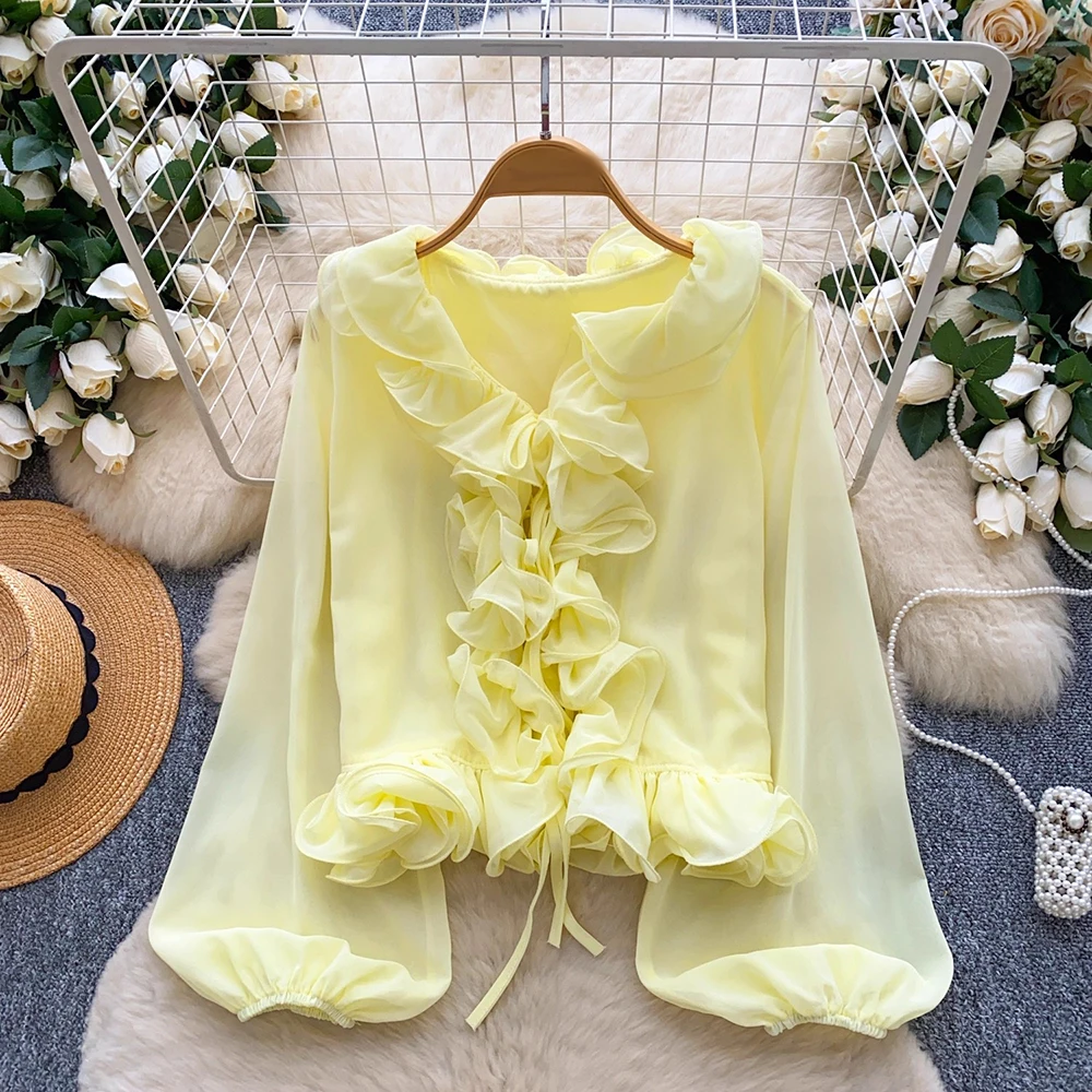 TWOTWINSTYLE ソリッドルーズ甘いフリルブラウス女性のための V ネック長袖春カジュアル通勤シャツ女性のファッション KBL557388