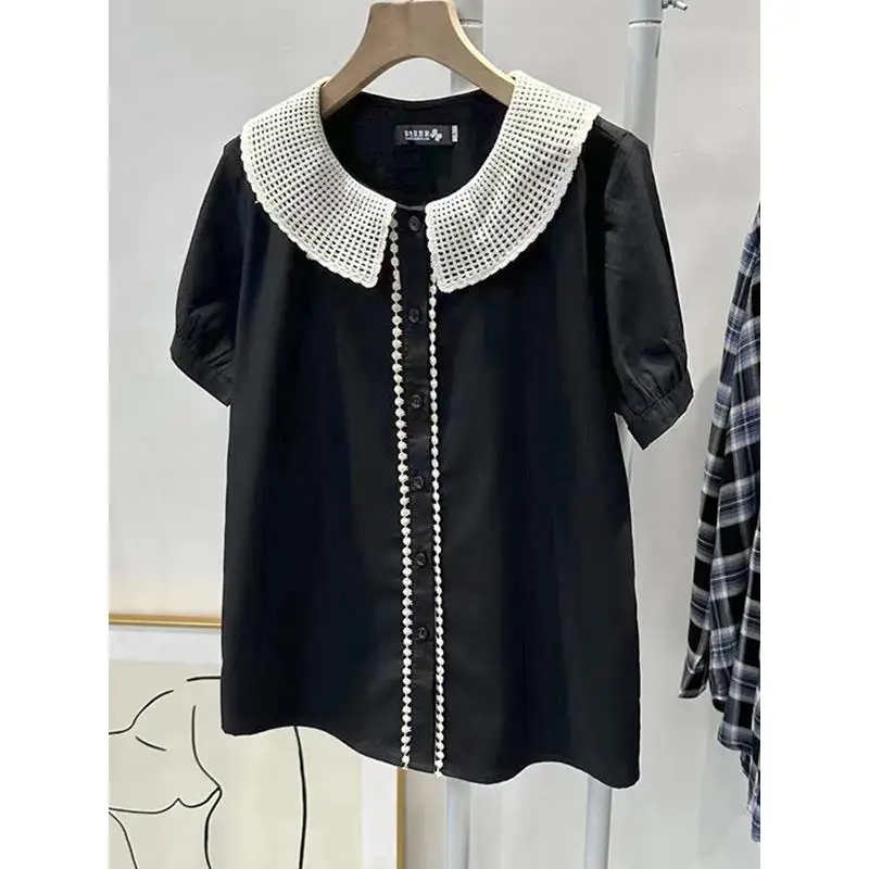 

Spring Summer New Sle Personali Hong Kong Sle Color Blo Doll Collar irt Top plus Size Slimming Bla Versatile Trendy