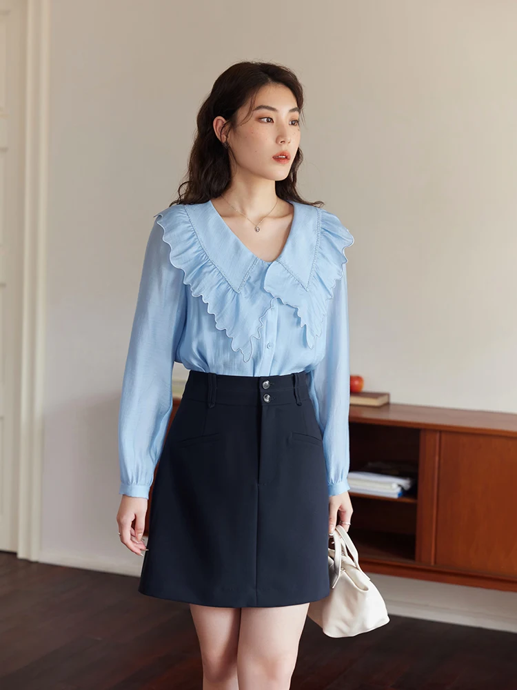 DUSHU Gentle Wind Fairy Age-reducing Peter-pan Collar Shirt for Women Spring Summer Light Sweet Style Females Shirt Top