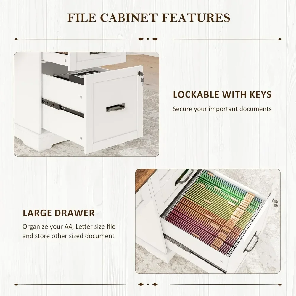 Mesa executiva com gavetas, mesa de fazenda de 55 '', mesa de computador para escritório doméstico com armário de arquivo e estação de carregamento, branca