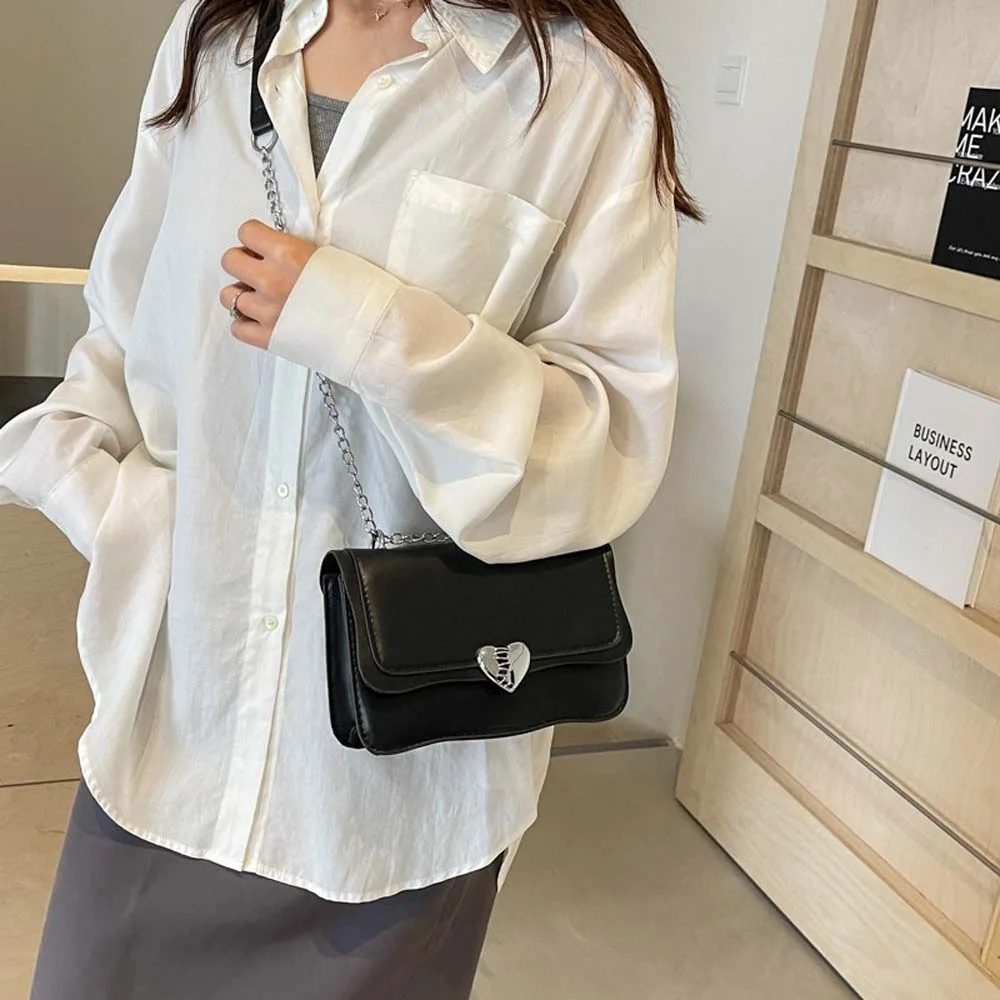 Heart Alloy Decoration PU Crossbody Bag Magnetic Buckle Large Capacity Women's Shoulder Bag Foldable Durable