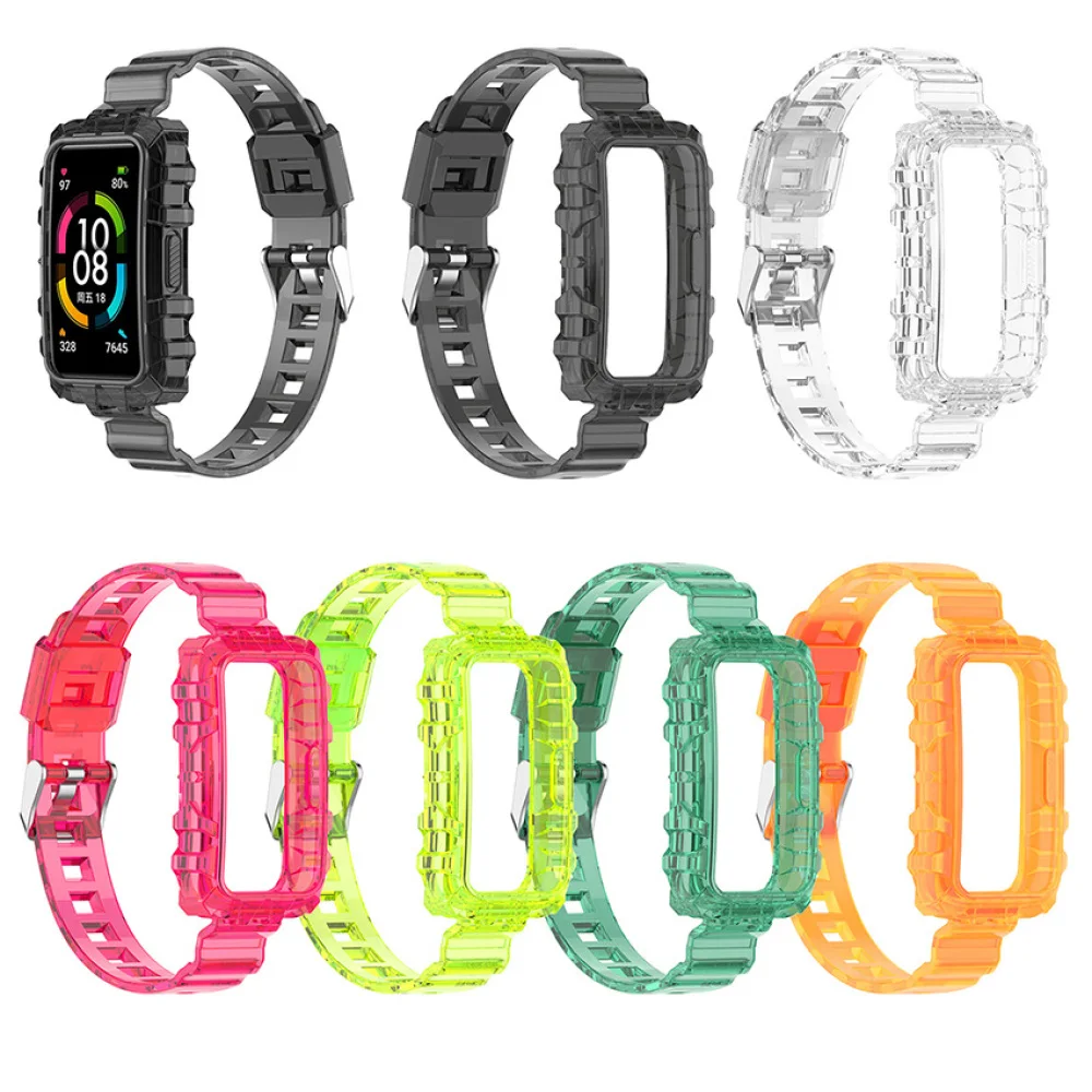 

1pc Transparent Glacier Strap Pin Buckle One-piece TPU Band with Protective Frame for HUAWEI Band 10/ 10NFC/ 9/ 9NFC/ 8/ 8NFC