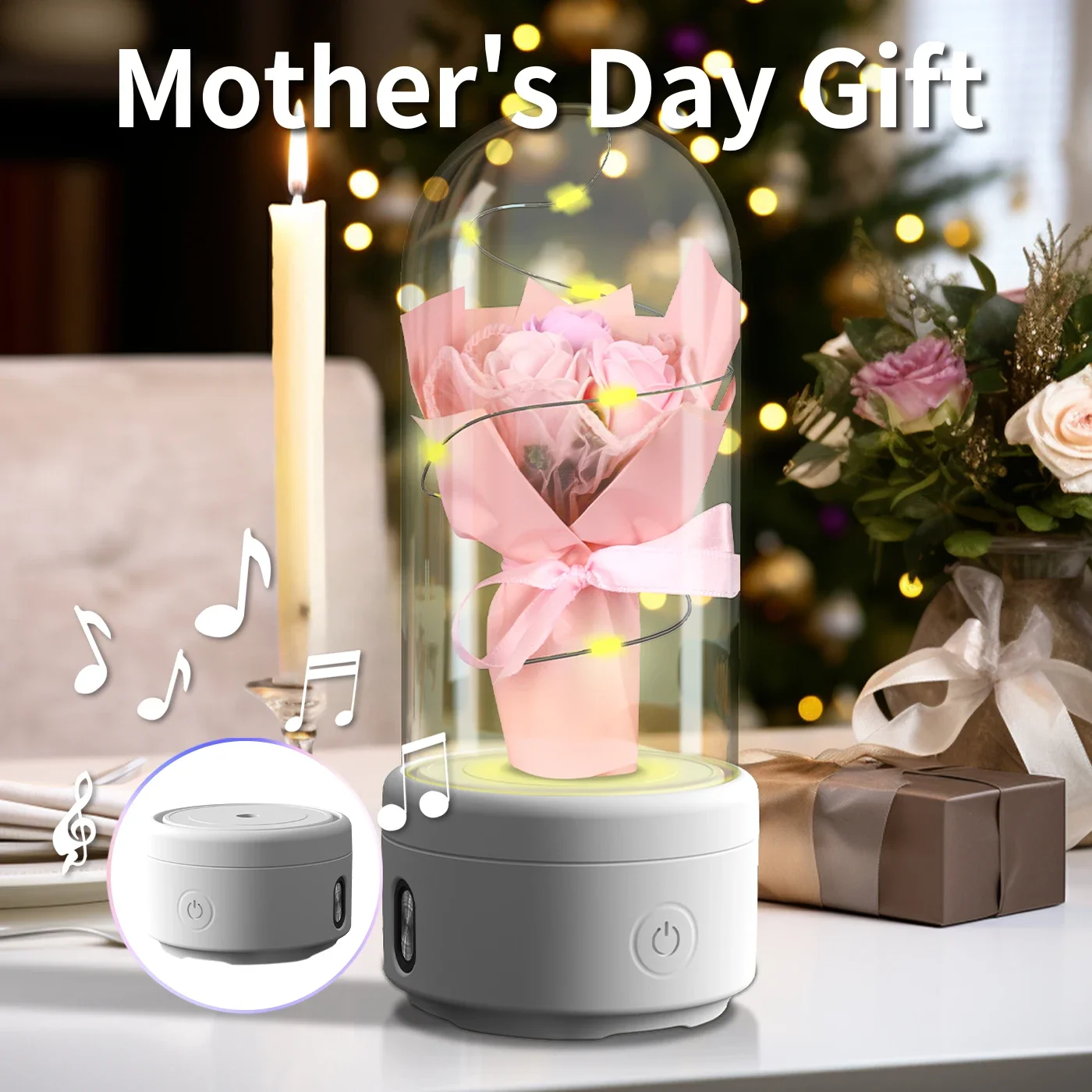 Bouquet LED Light Bluetooth Speaker Creative Mother's Day Gift Rose Flowers Luminous Night Light Ornament 2 In 1 n Glass Cover