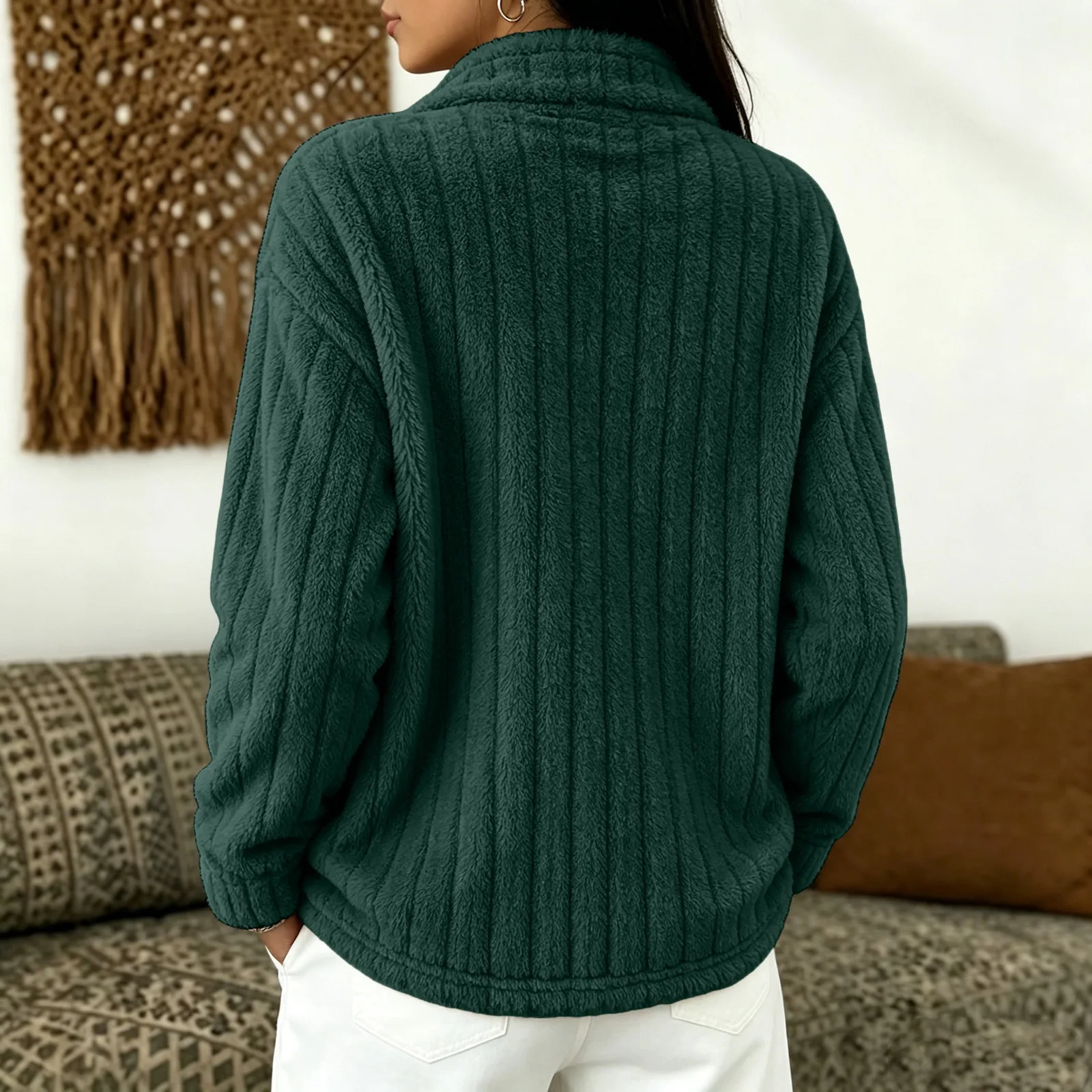 Women's Autumn Winter Turn Collar Ribbed Fleece-lined Warm Zip-up Long-sleeved Sweatshirt