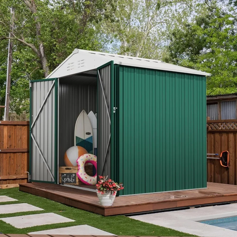 6 x 8 FT Outdoor Storage Shed Lockable, Metal Garden Shed, Steel Anti-Corrosion Storage House for Backyard Outdoor Patio, Green