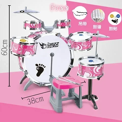 Juego de batería de Jazz para niños grandes a la moda (6 tambores + 2 platillos) asiento de puntuación de tambor de tímpano engrosado juguetes de percusión para niños