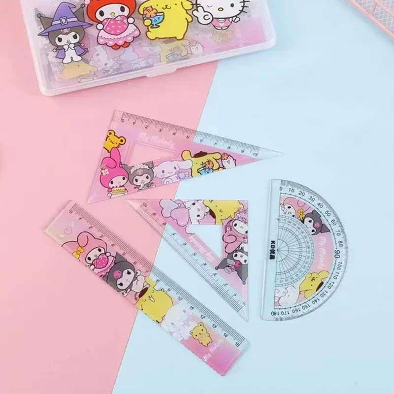 4PCs Set Hello Kitty Girl Ruler Set Stationery Cartoon Ruler Drawing Measurement Geometric Triangle Ruler School Supplies Gift