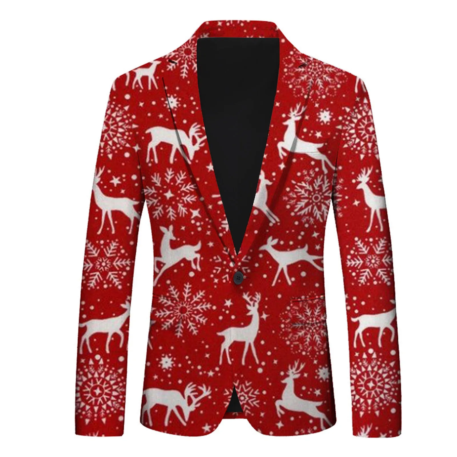 Snowflake Print Men\'s Christmas Blazer Jackets Pocket Lapel Slim Fit Button Up Suit Coat Party Wear Men\'s Suit For Wedding