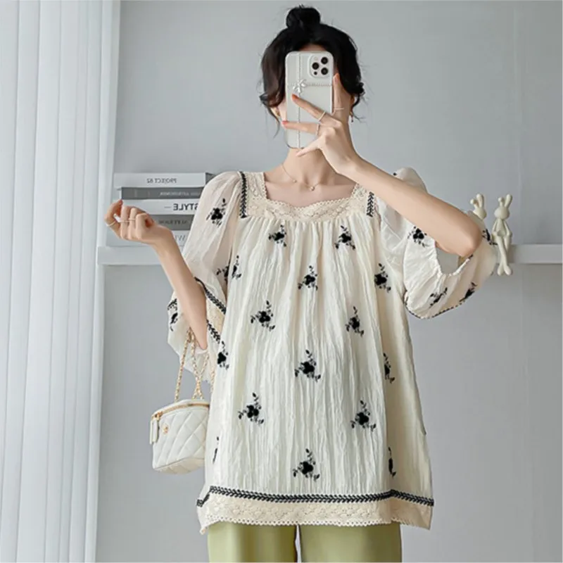 

Pregnant Women's Summer 3/4 Sleeve Top Fashion Square Neck Lantern Sleeve Chiffon Top Comfortable Breathable Maternity Top LF009