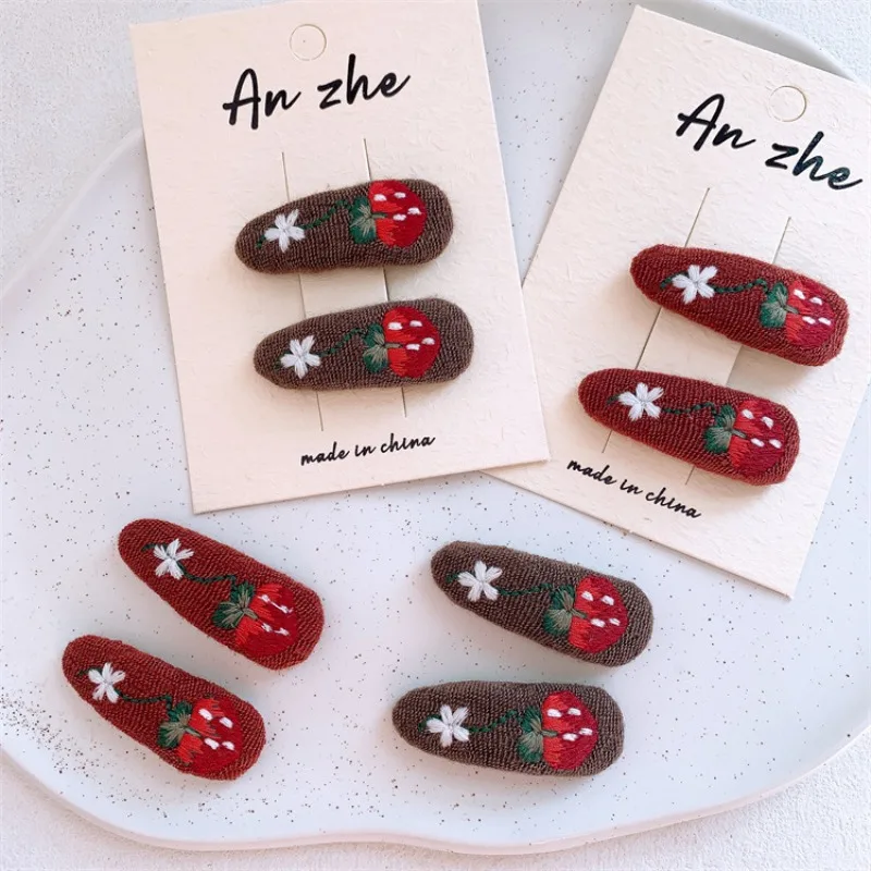 

Delicate Floral Strawberry Embroidery Barrettes for Little Girls Side Bangs Hair Clips Secure Snag Free Daily Hair Accessories