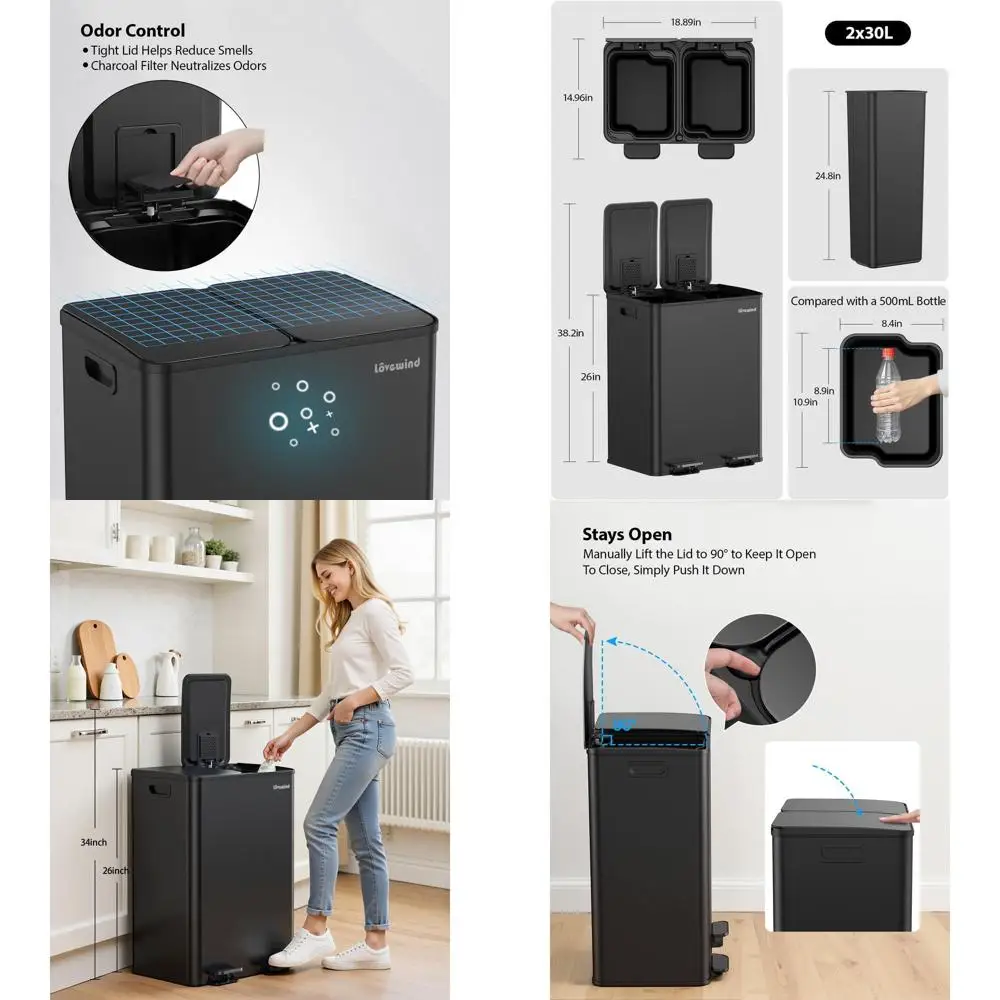 

8 Gallon Dual Stainless Steel Trash & Recycle Bins with Step-On Lid, Black