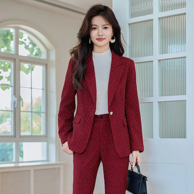 البوب موضة النساء الدعاوى 2024 جديد الخريف الشتاء مزاجه الأعمال الرسمية سليم السترة والسراويل مضيئة مكتب السيدات ملابس العمل