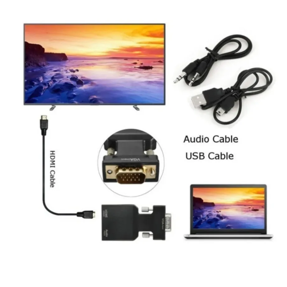YIGETOHDE Convertitore da VGA a HDMI 1080P con supporto audio Adattatore da maschio a femmina per PC Display portatile Compatibile da VGA a HDMI