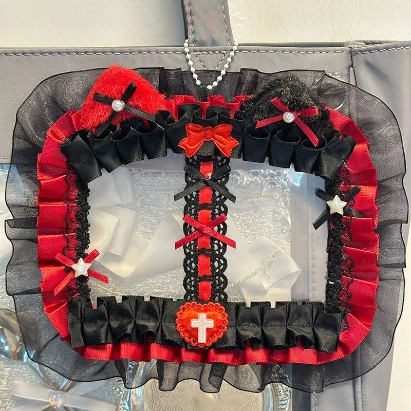 idol photo card protector Keychain double Photocard  lolita card holder y2k accessories Lolita Lace Pearl bow itabag accessories