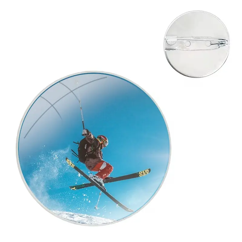 Snow Ski Snowboard Glass Dome Brooches Shirt Lapel Bag Cute Badge Pins For Clothes Hat Accessories