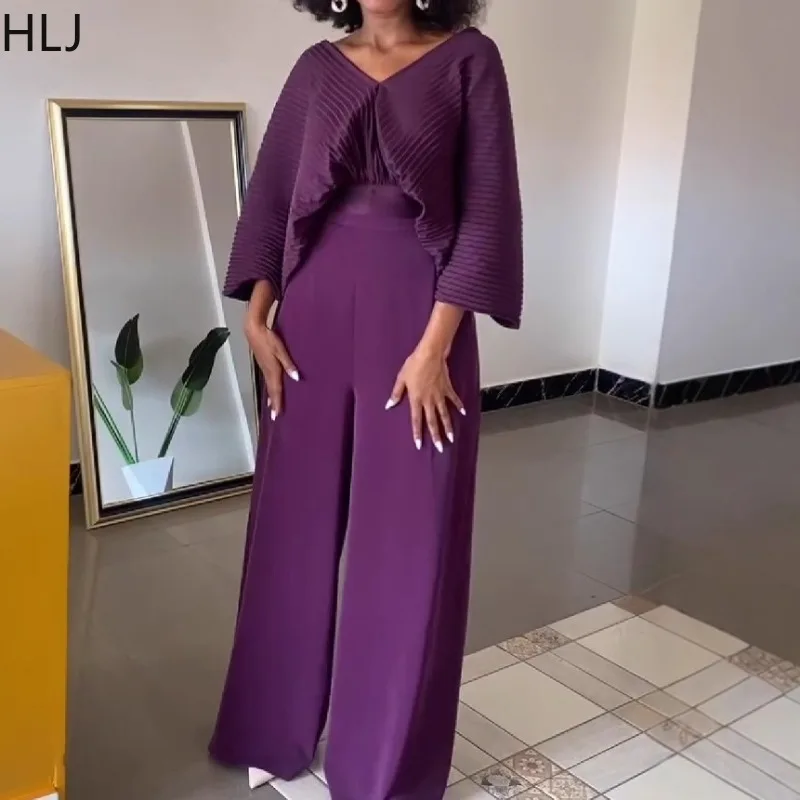 HLJ Elegant Ruched Patchwork 2 Piece Sets Woman Outfit V-neck Batwing Sleeve Top and  Wide Leg Pants Suit Fashion Streetwear New