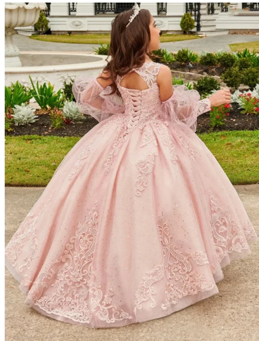 Vestido de niña de flores azules para boda, encaje rosa, cuello redondo, tul hinchado, apliques, primera comunión, cumpleaños, vestidos de baile