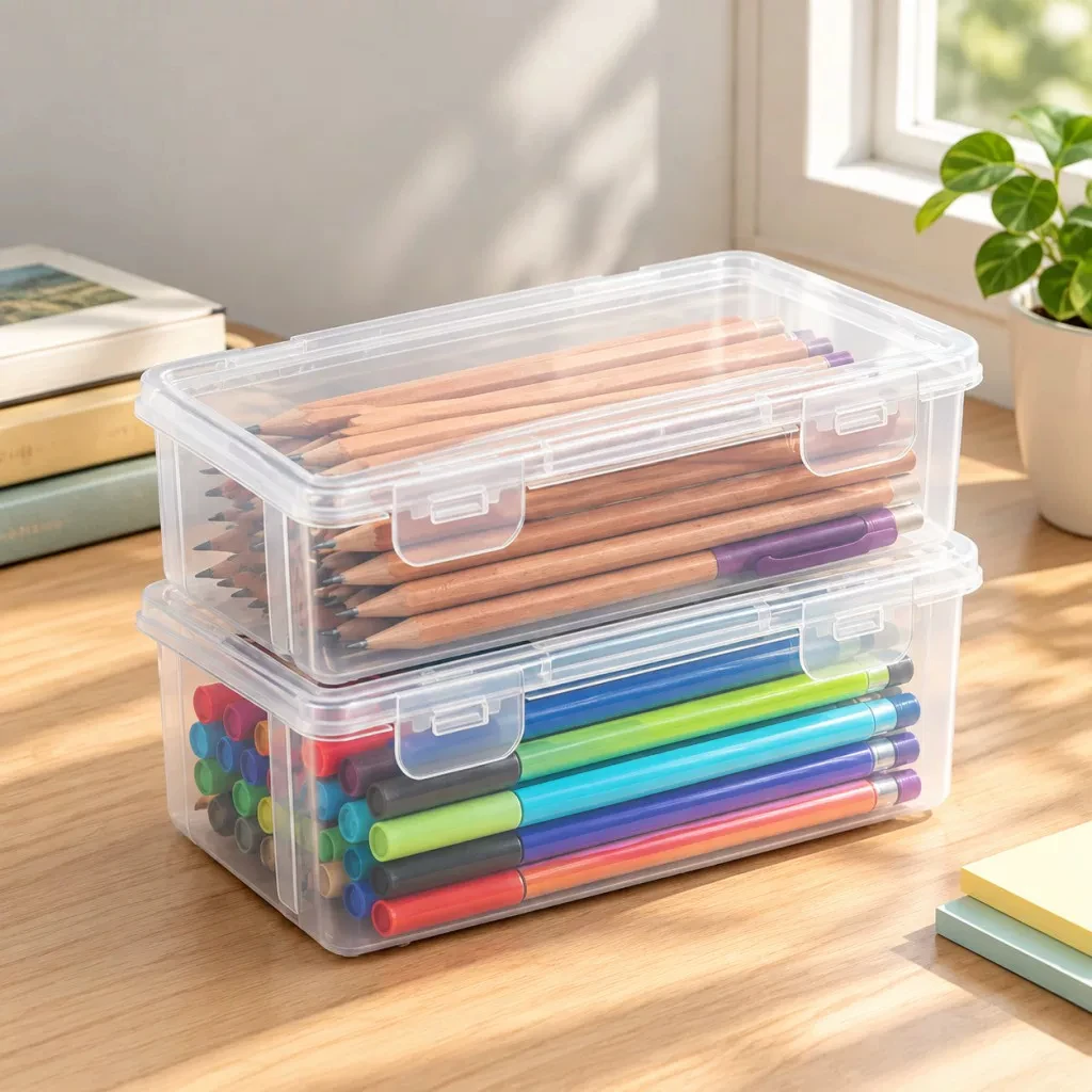 1/2pcs Clear Plastic Pencil Box With Latch Large Capacity Stationery Storage Case Desk Organizer For School Art Supplies