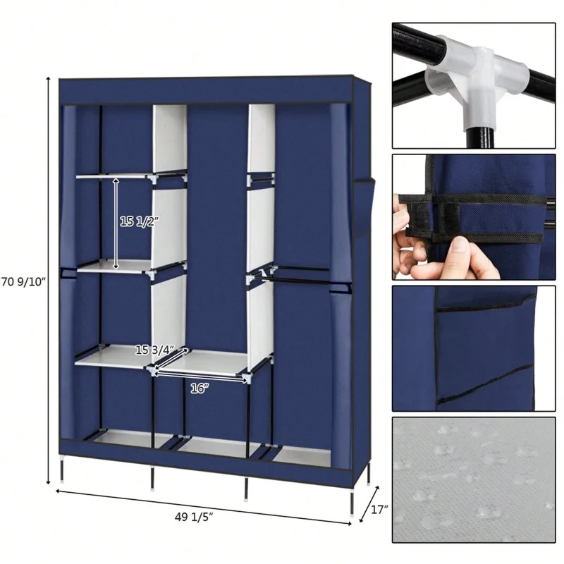 Black/Grey/Blue Portable Clothes Closet Wardrobe Storage Organizer With Non-Woven Fabric Quick And Easy To Assemble Extra Strong And Durable