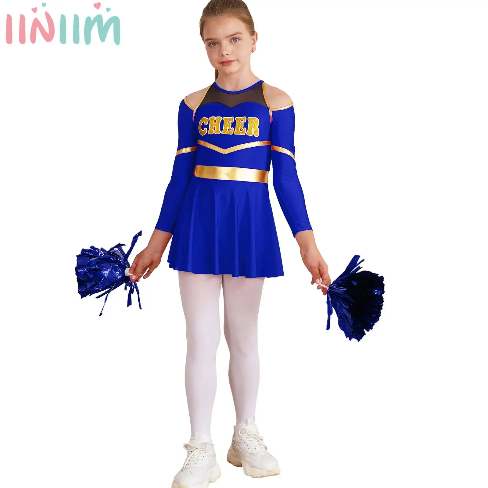 Roupas de dança cheerleading para meninas, carta impressa, ombro frio, líder de torcida, vestido collant com borla, moda infantil de flores de mão