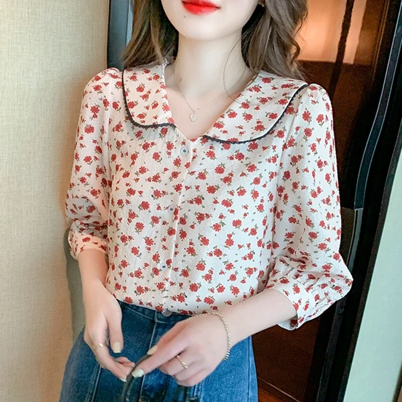 Vintage Floral Summer Chiffon Shirts Women 2024 Korean Fashion Clothes Casual Blouses Sweet Girls Printed Puff Sleeve Tops Mujer