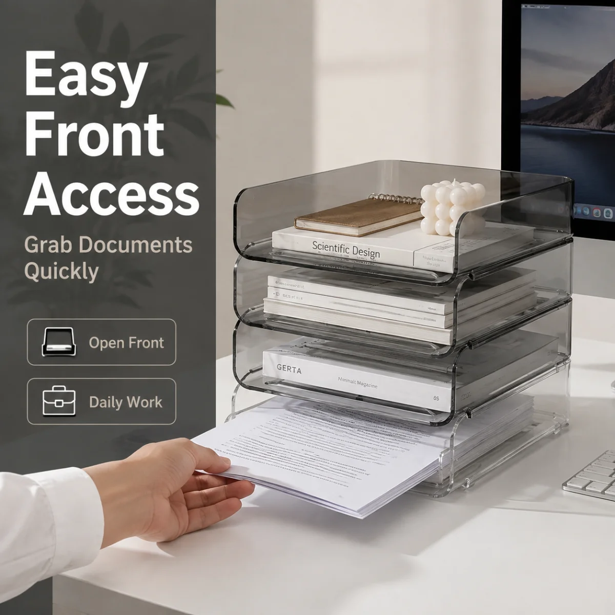 The desktop filing rack, a layered storage rack with smooth rounded edges, is suitable for files and notebooks, and is a decorat