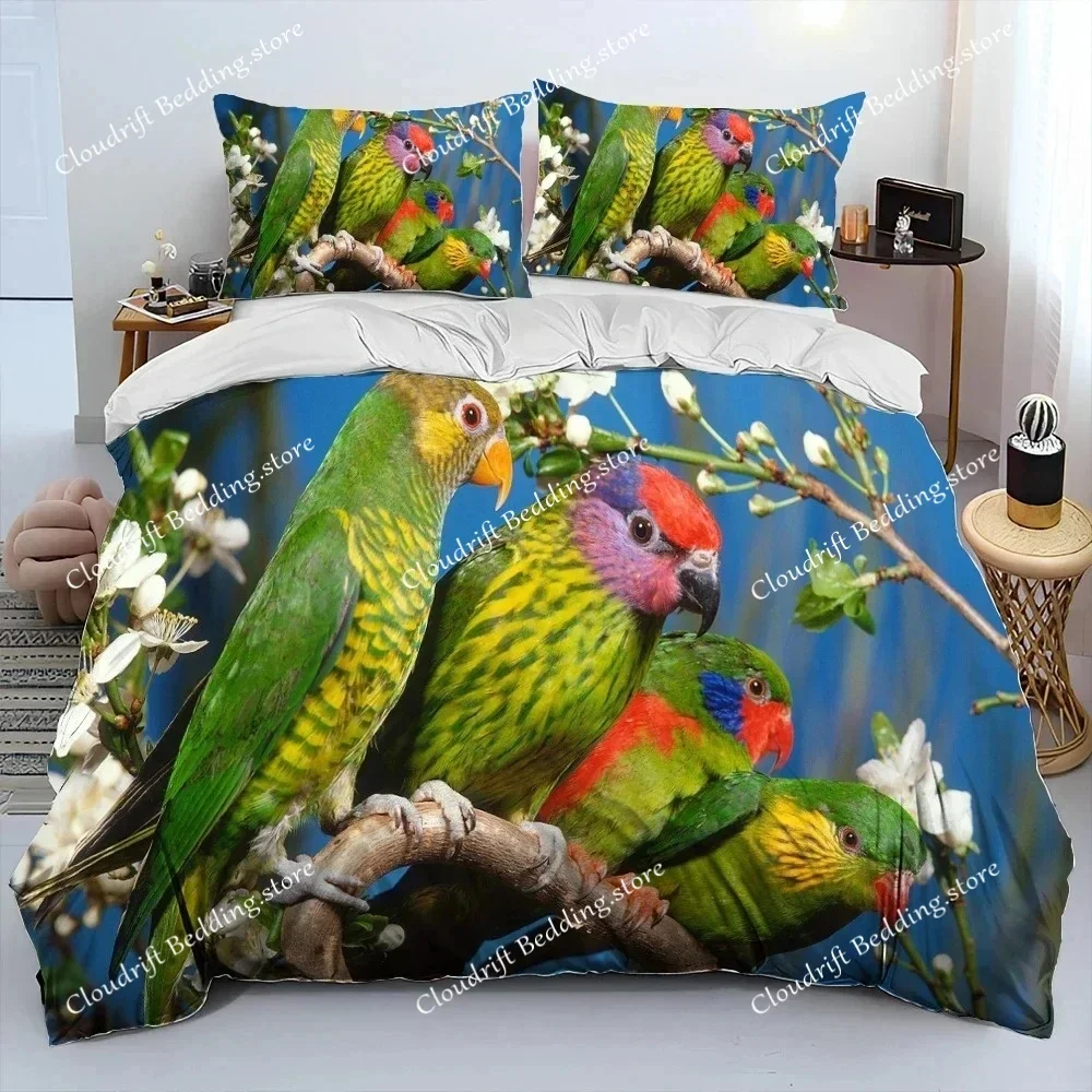 Colorful Parrot Macaws Birds Comforter Bedding Set,Duvet Cover Bed Set Quilt Cover Pillowcase,King Queen Size Bedding Set Adult0