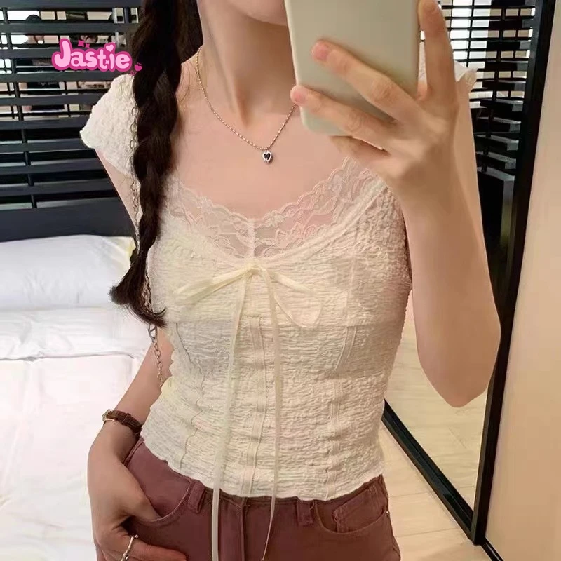 Chic Bow Lace V-neck Women Tank Flods Slim Patchwork Sweet Summer Vest Streetwear Solid Color Casual Retro T-shirts Tops 2024