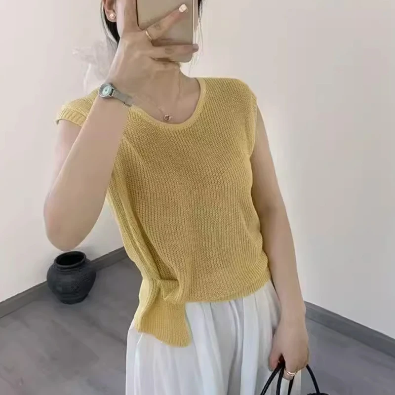 Modna damska kamizelka z dzianiny lodowej w koreańskim stylu, z okrągłym dekoltem i luźnym krojem, w kolorze niebieskim.