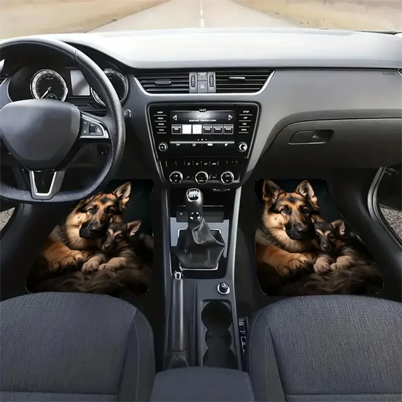 4pcs Car Floor Mats With German Shepherd Design, Front& Rear Full Coverage Auto Interior Accessories, Crystal Velvet Vehicles Fl