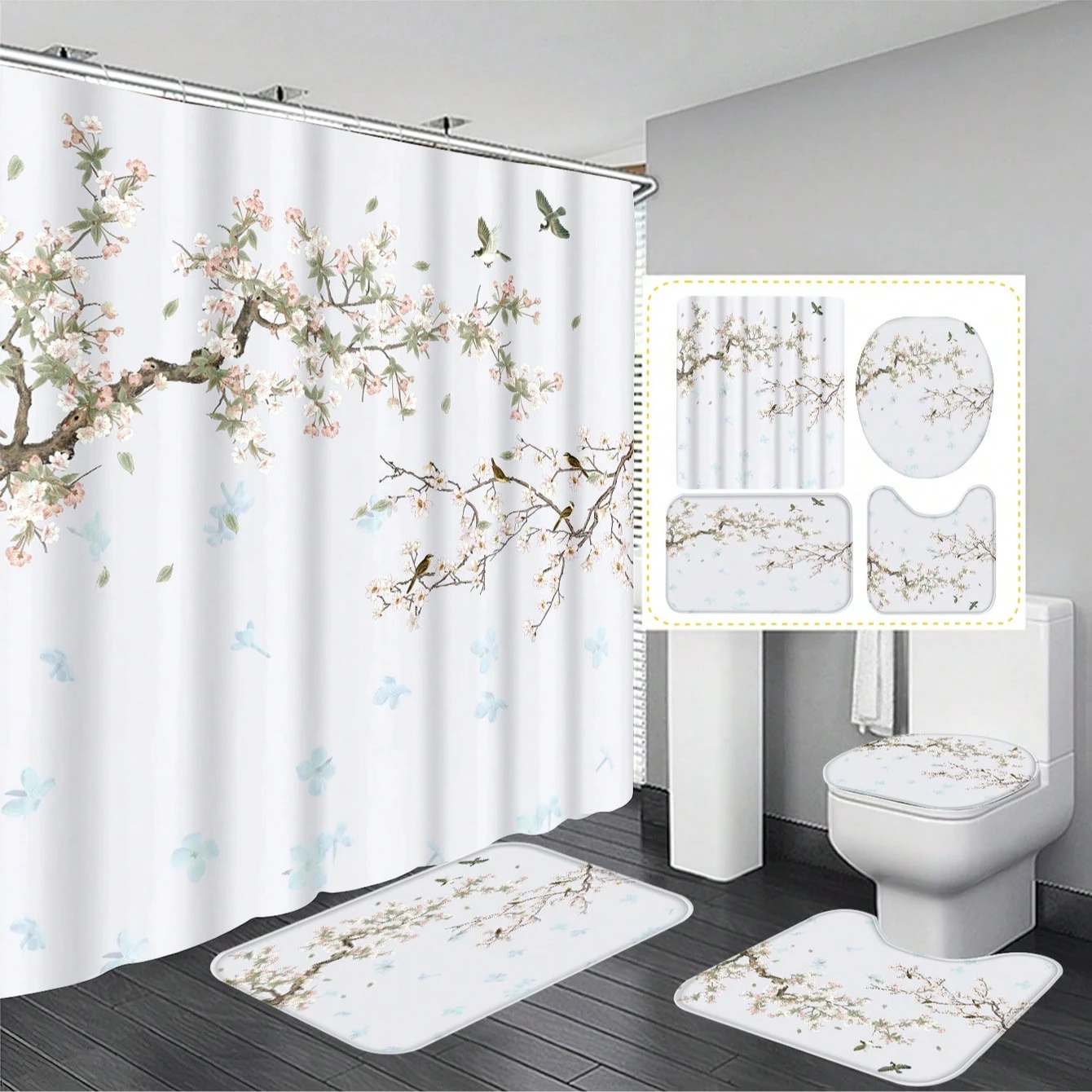 home decoration 4pcs Blooming Branch & Bird Printed Bathroom Accessories Set Suitable For All Bathroom shower curtain Scenarios