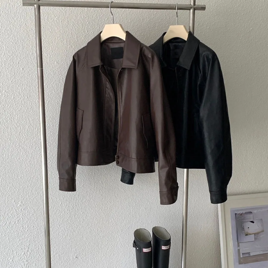 레트로 슬리 루즈핏 바이커 재킷, 지퍼 포켓 플립 칼라 PU 가죽 코트, 여성용, 2026년 봄 패션 트렌드