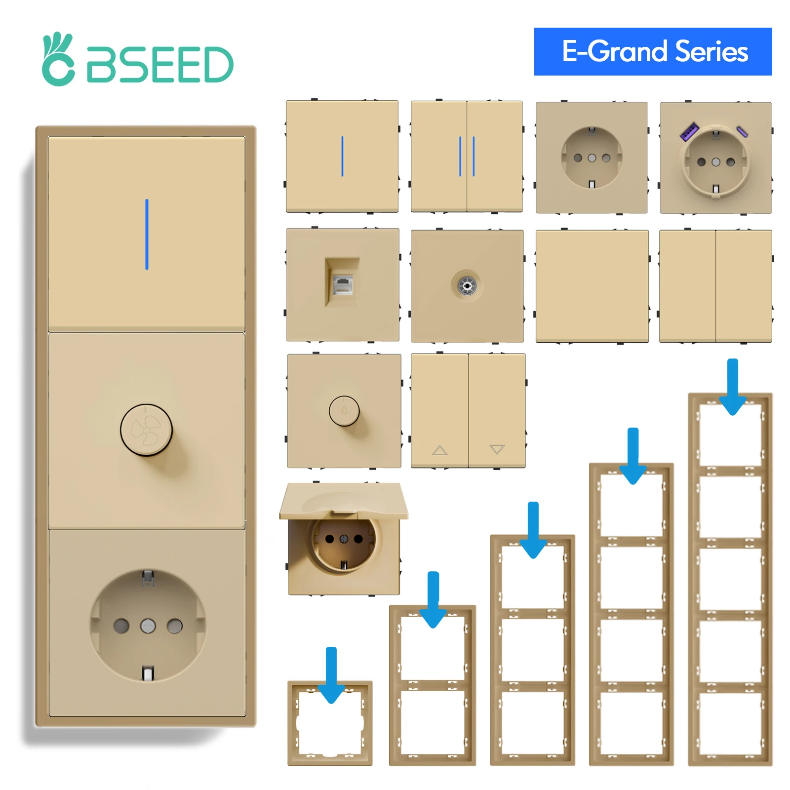 

BSEED E Series Button Light Switch 1/2Gang 1/2Way USB Type-C Socket Module Part Internet TV Socket DIY Part 80mm Plastic Frame