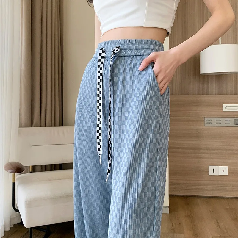 

2024 Summer Ice Silk Pants Women's Thin High Waist Casual Loose Slim and Slimming Feeling Floor Dragging Wide Legged Pants