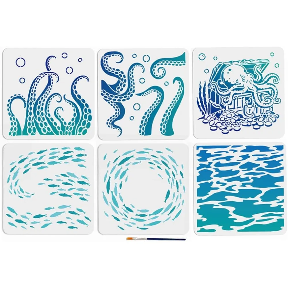 

6pcs Ocean Fish School Octopus Tentacles Stencil 11.8×11.8inch Large Summer Sea Theme Painting Stencils with Paint Brush Sea