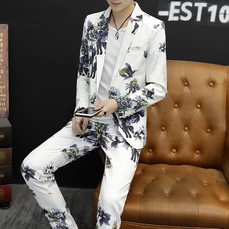 2024 Spring new men\'s Korean version slim-fit trend (suit + trousers) fashion suit business print casual business two-piece set