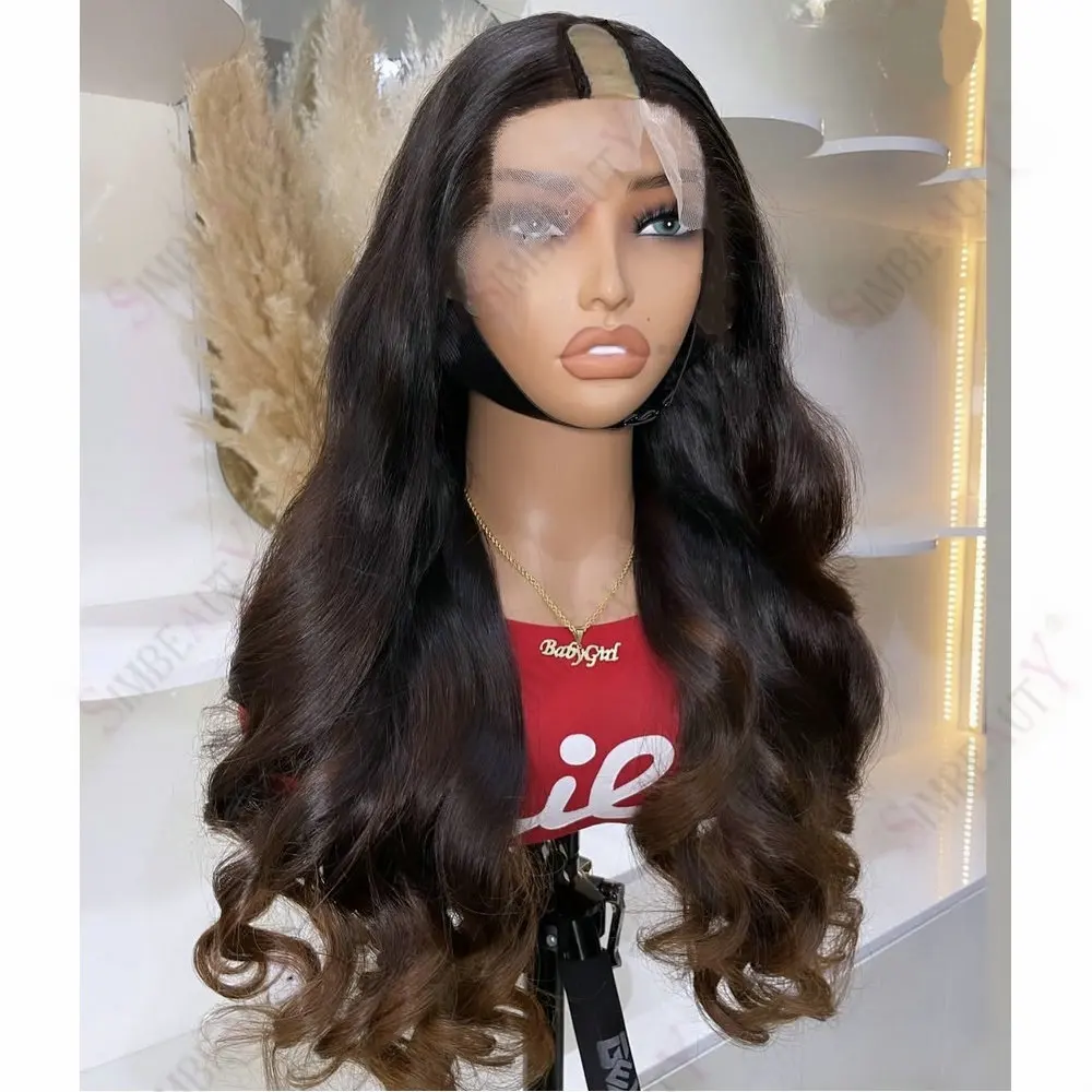 

Glueless Long Loose Wave Chocolate Brown Ombre Natural Human Hair Adjustable With Clips 1x4 SIze U/V Part Wigs for Black Women
