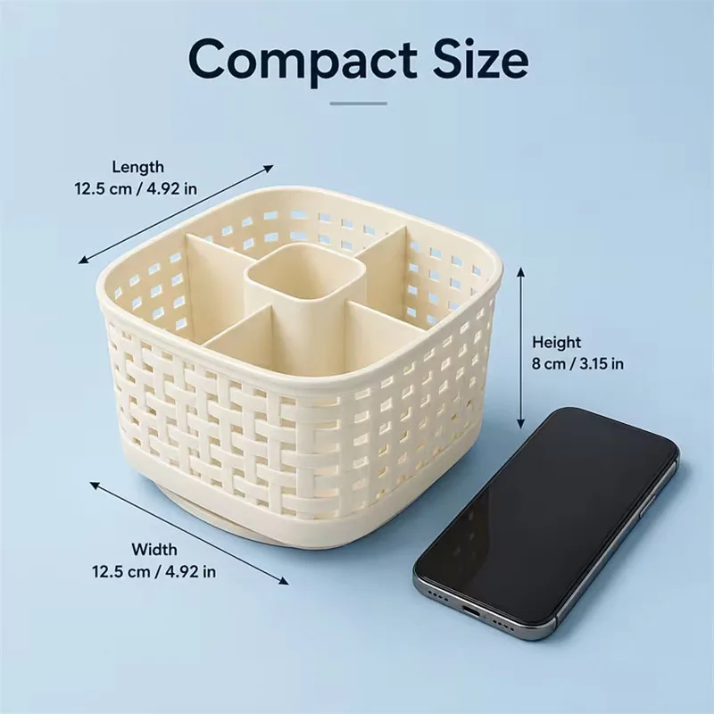 360° Rotating Imitation Rattan Desktop Organizer Basket 5 Compartments Cosmetics Makeup Brushes Manicure Supplies Storage Holder