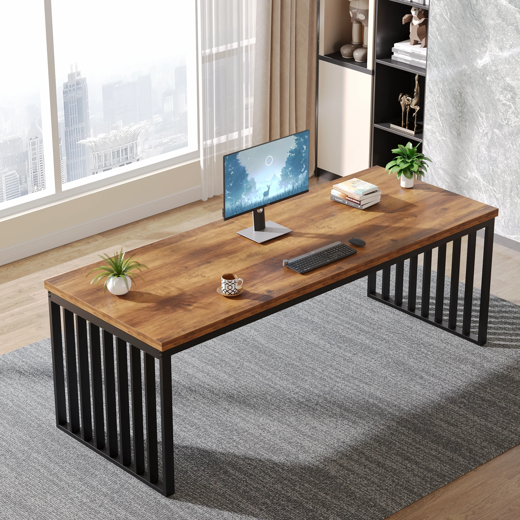 Tribesigns 2-persoons bureau met metalen frame, 180 cm dubbel bureau voor twee personen, industriële lange computerschrijftafel voor 2