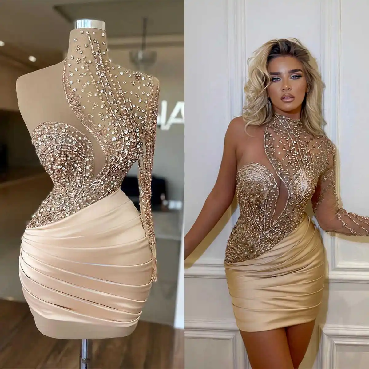 

Sexy Evening Dresses Mermaid Pearls Bead Satin One Sleeve Pleat High Neck Illusion Short Skirt Dress Vestido De Noite Customized